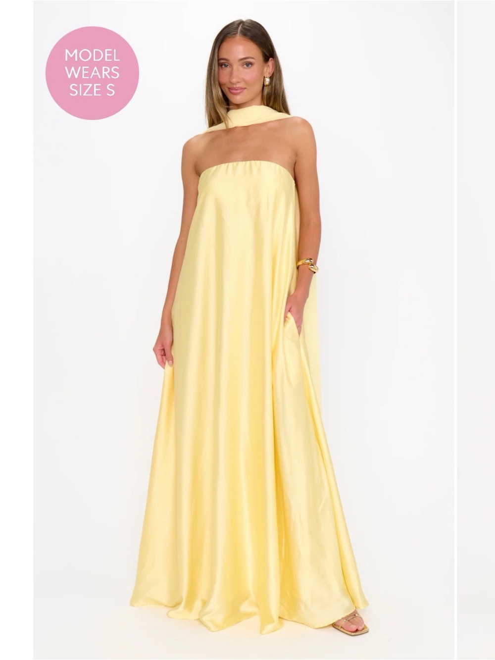 Show Me Your Mumu Strapless Yellow Bridesmaids Dress with neck scarf